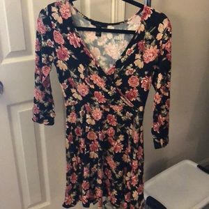 Black floral 3/4 sleeve fit and flare dress
